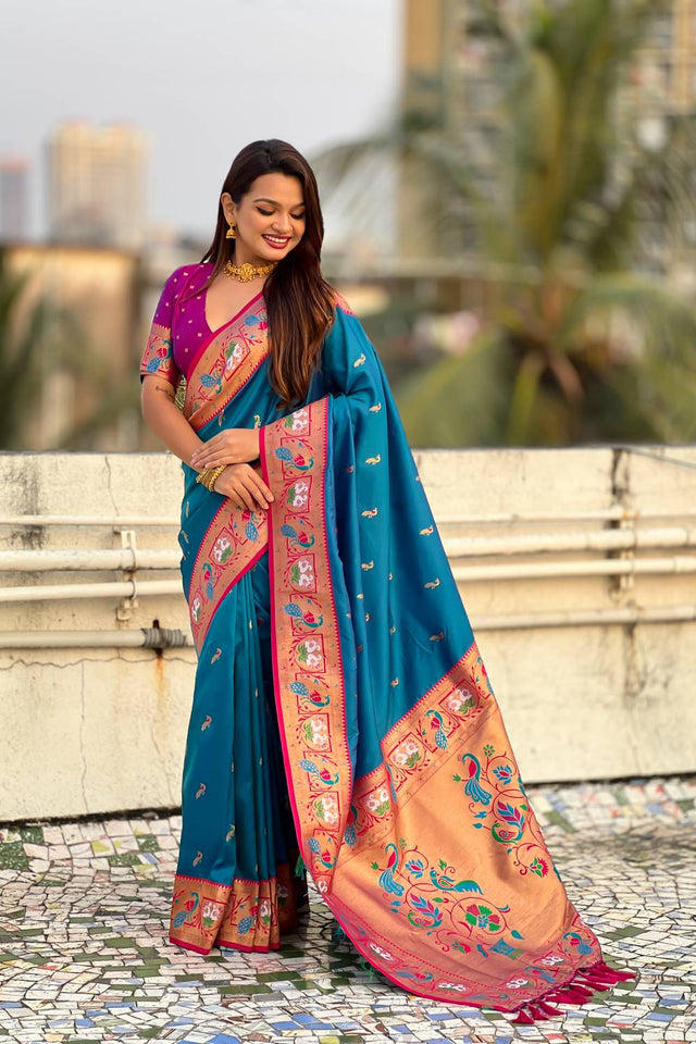 Blue Woven Paithani Silk Saree (ACA6191)