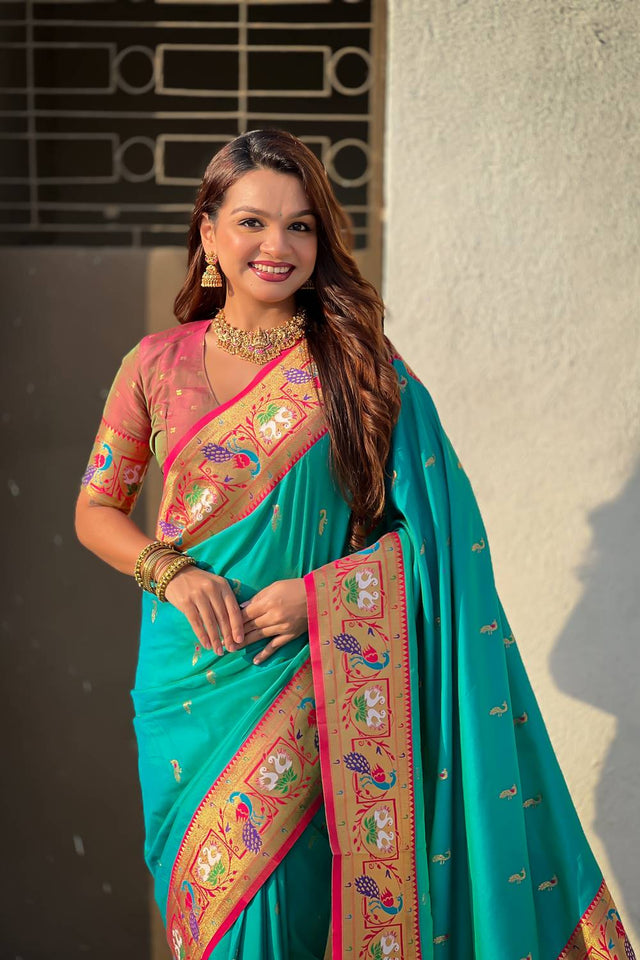 Sea Green Woven Paithani Silk Saree (ACA6192)