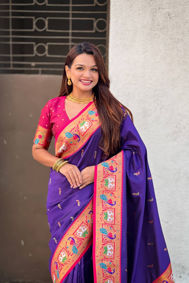 Violet Woven Paithani Silk Saree (ACA6193)
