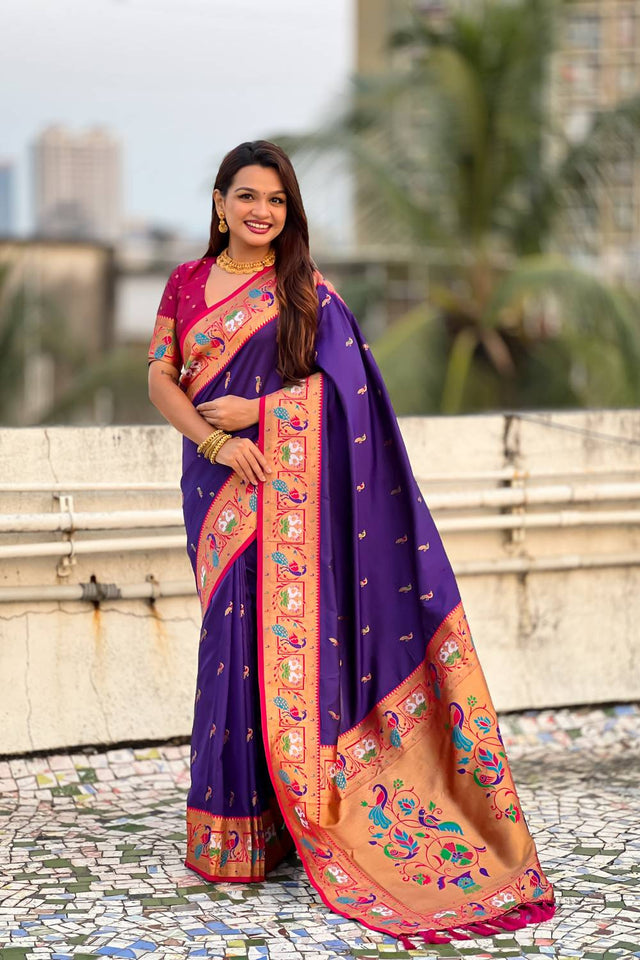 Violet Woven Paithani Silk Saree (ACA6193)
