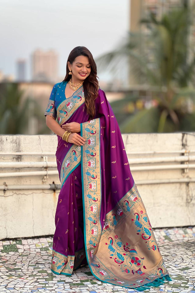 Wine Woven Paithani Silk Saree (ACA6194)