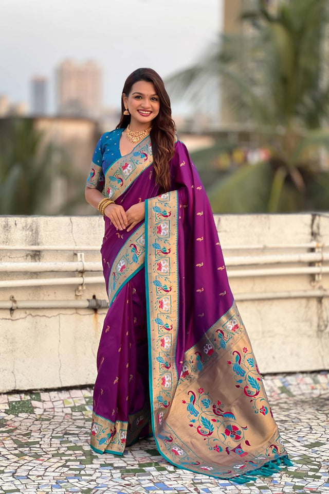 Wine Woven Paithani Silk Saree (ACA6194)