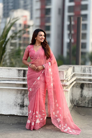 Orange Floral Embroidered Chanda Kora Silk Saree (ACA6195)