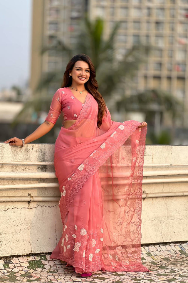 Orange Floral Embroidered Chanda Kora Silk Saree (ACA6195)