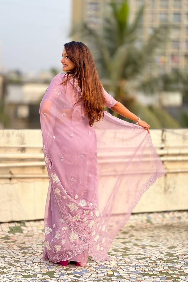 Lavender Floral Embroidered Chanda Kora Silk Saree (ACA6196)