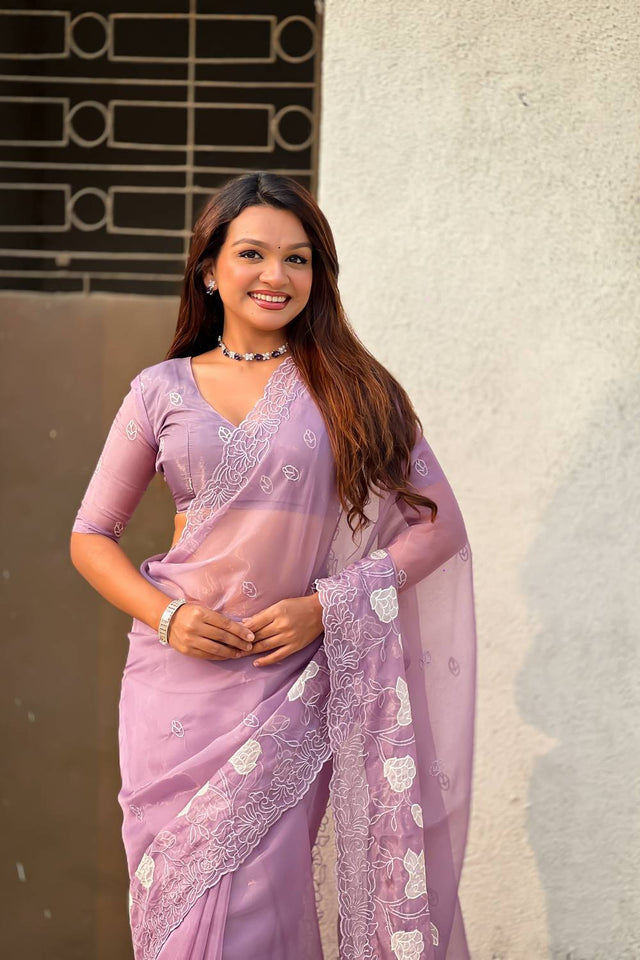 Lavender Floral Embroidered Chanda Kora Silk Saree (ACA6196)