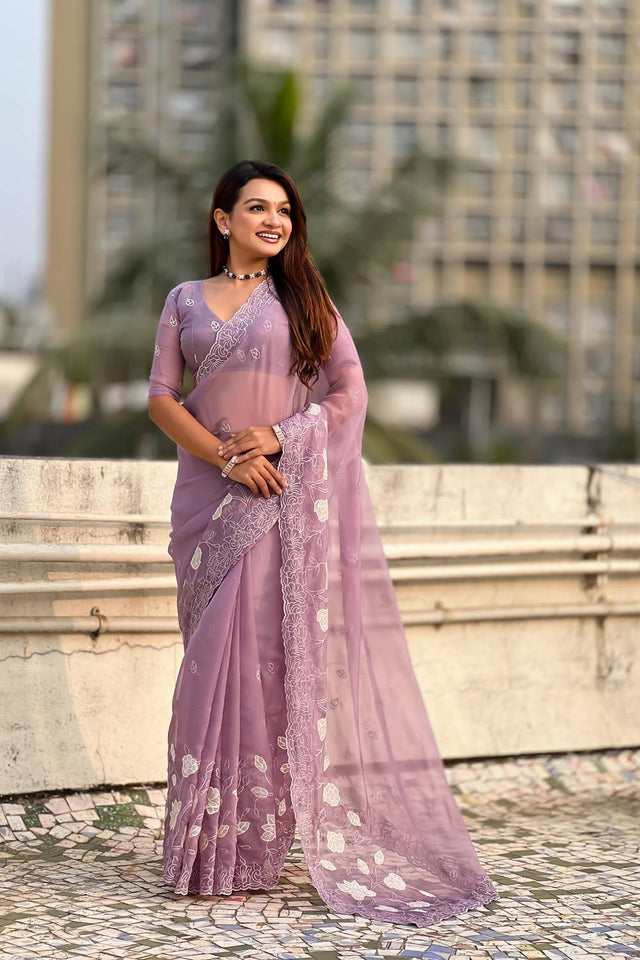 Lavender Floral Embroidered Chanda Kora Silk Saree (ACA6196)