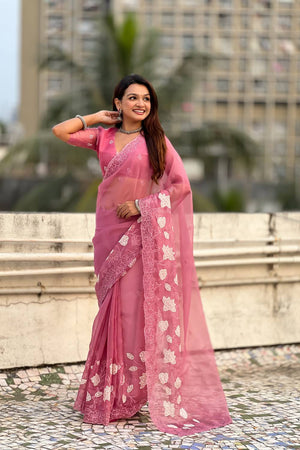 Pink Floral Embroidered Chanda Kora Silk Saree (ACA6197)