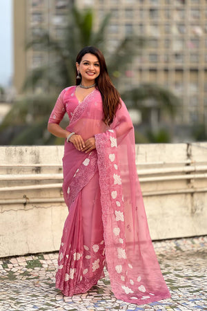Pink Floral Embroidered Chanda Kora Silk Saree (ACA6197)