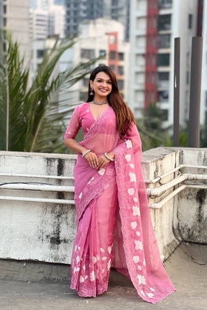 Pink Floral Embroidered Chanda Kora Silk Saree (ACA6197)
