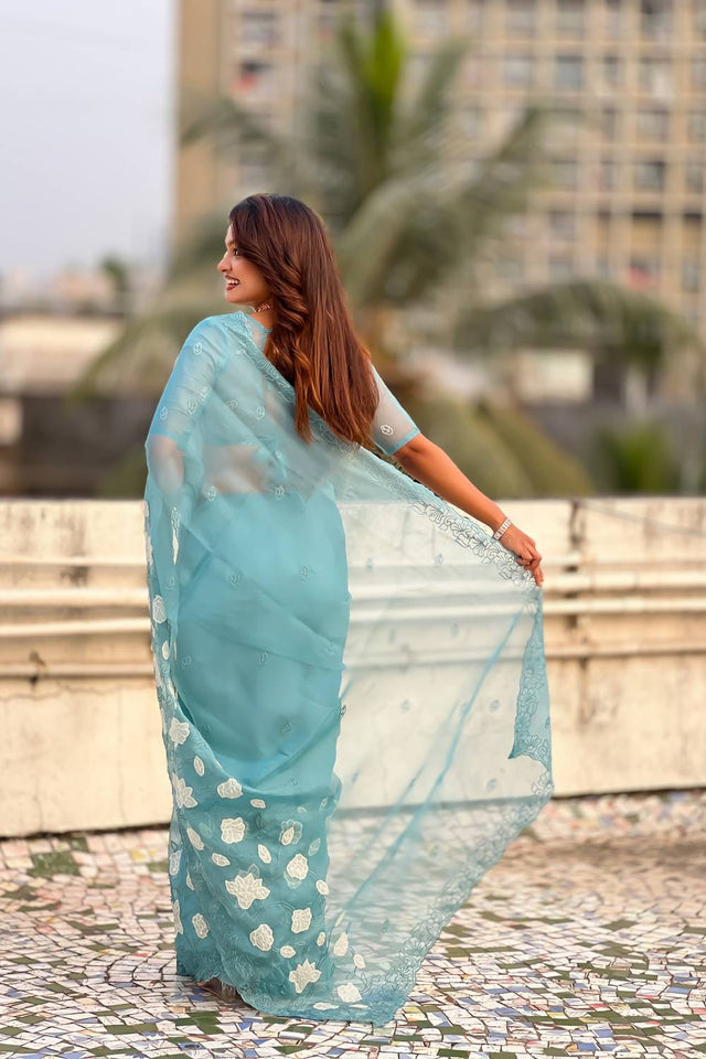 Sky Blue Floral Embroidered Chanda Kora Silk Saree (ACA6199)