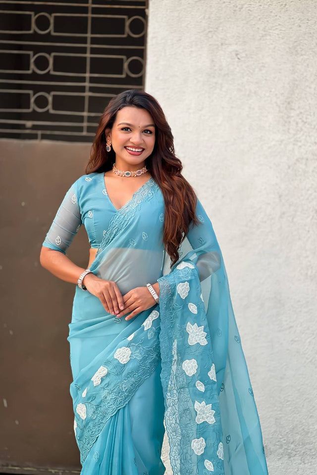 Sky Blue Floral Embroidered Chanda Kora Silk Saree (ACA6199)