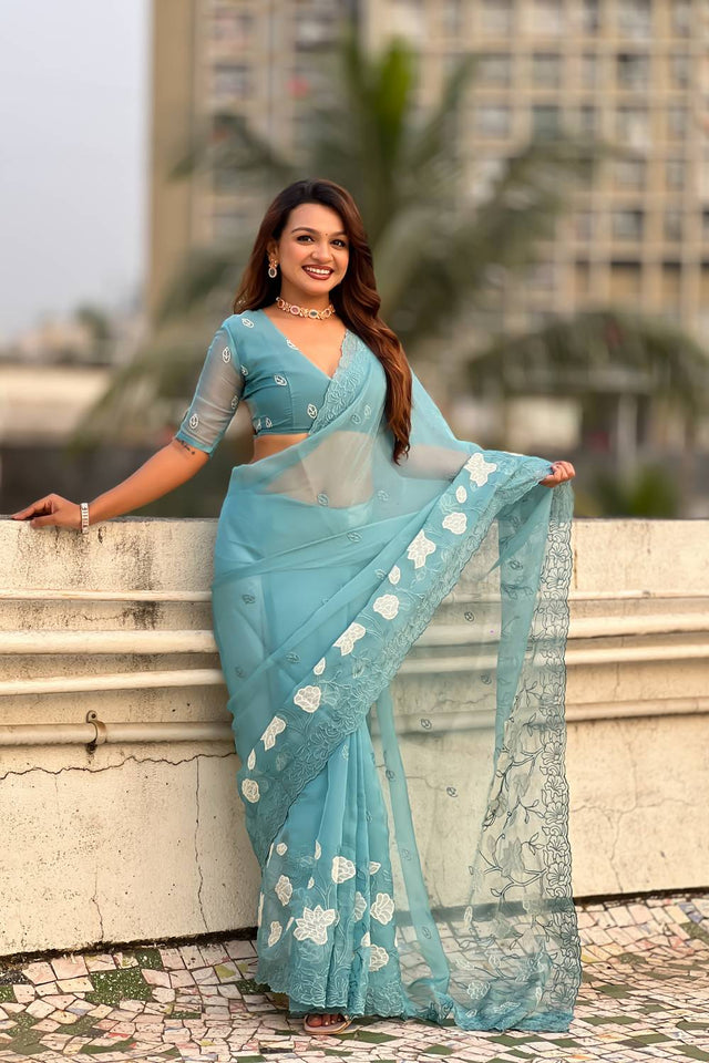Sky Blue Floral Embroidered Chanda Kora Silk Saree (ACA6199)