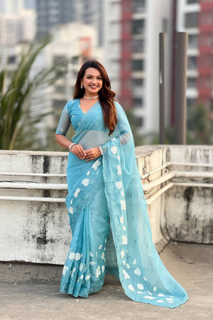 Sky Blue Floral Embroidered Chanda Kora Silk Saree (ACA6199)