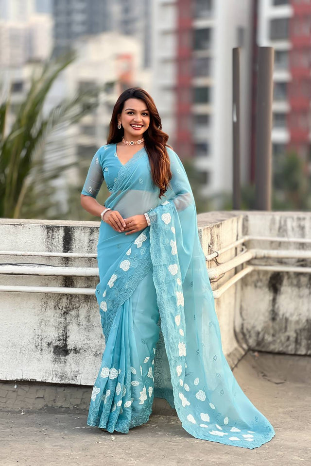 Sky Blue Floral Embroidered Chanda Kora Silk Saree (ACA6199)