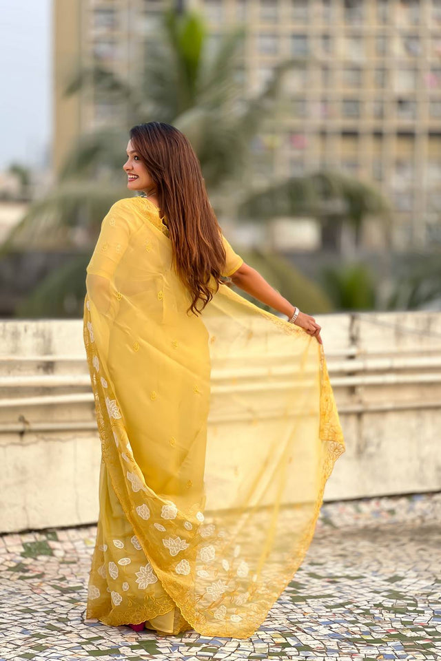 Yellow Floral Embroidered Chanda Kora Silk Saree (ACA6200)
