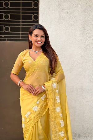 Yellow Floral Embroidered Chanda Kora Silk Saree (ACA6200)
