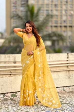 Yellow Floral Embroidered Chanda Kora Silk Saree (ACA6200)