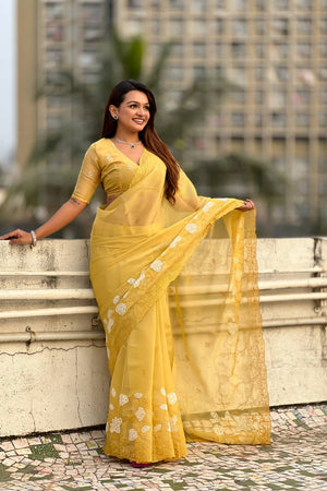 Yellow Floral Embroidered Chanda Kora Silk Saree (ACA6200)
