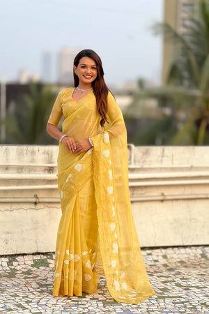Yellow Floral Embroidered Chanda Kora Silk Saree (ACA6200)