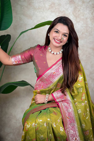 Mehendi Woven Banarasi Silk Saree (ACA6204)
