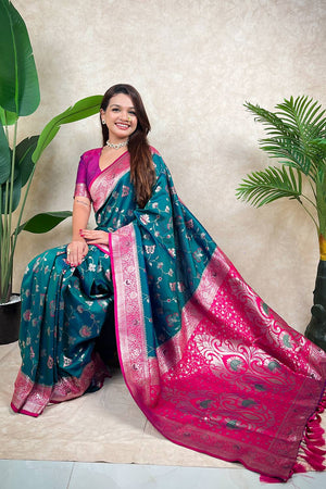 Turquoise Woven Banarasi Silk Saree (ACA6206)