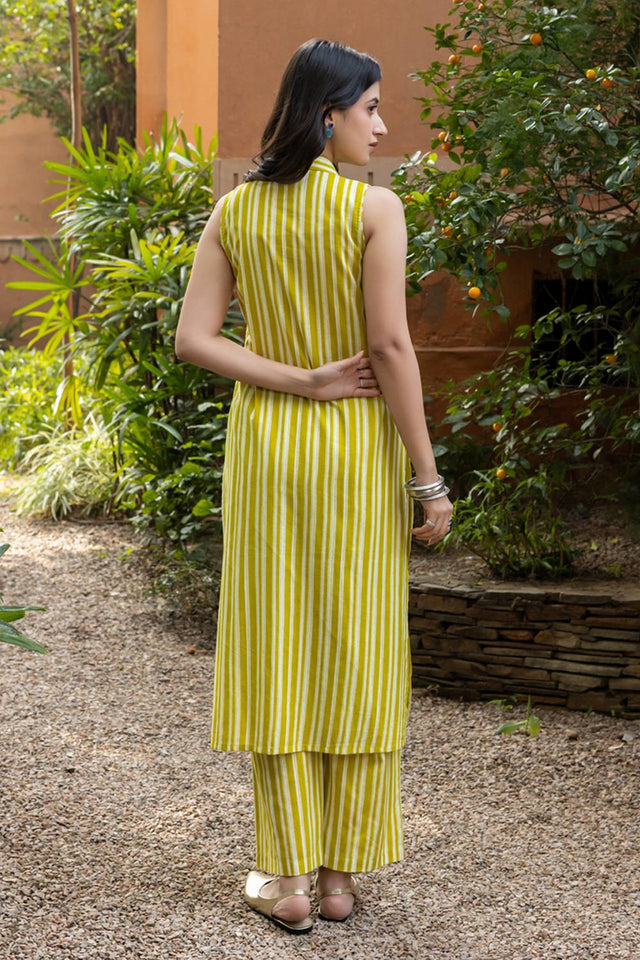 Mustard Striped Printed Cotton Co-Ord Set (ACA6211)