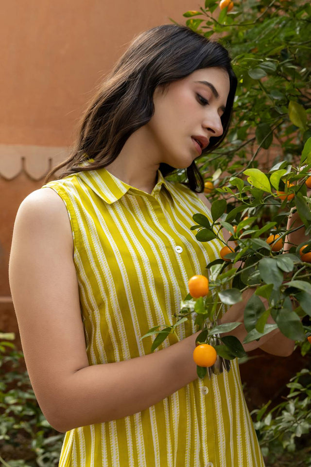 Mustard Striped Printed Cotton Co-Ord Set (ACA6211)