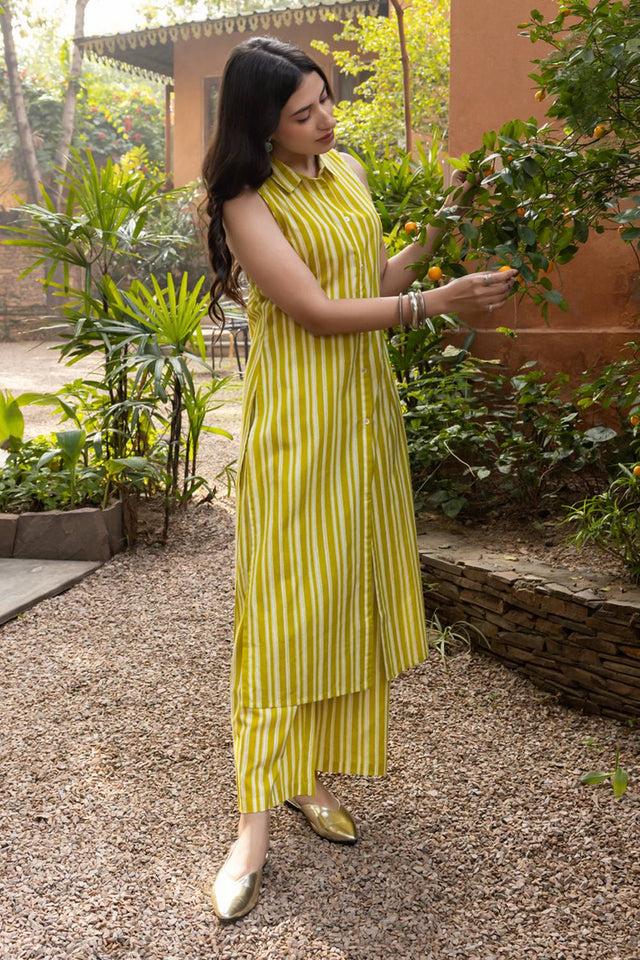 Mustard Striped Printed Cotton Co-Ord Set (ACA6211)