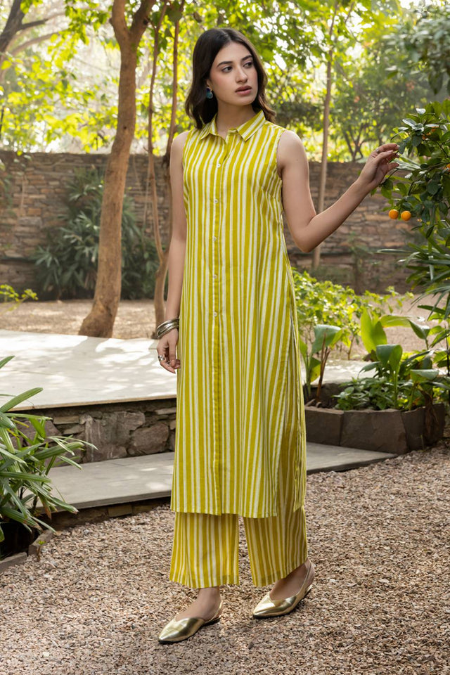 Mustard Striped Printed Cotton Co-Ord Set (ACA6211)