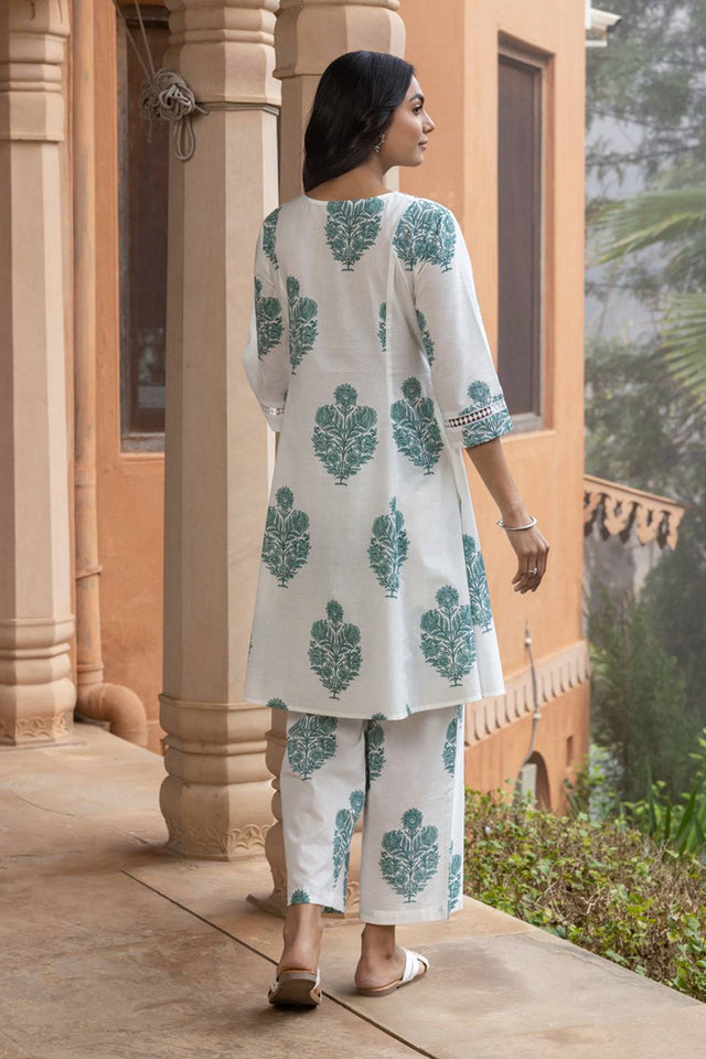 White Floral Printed Cotton Co-Ord Set (ACA6214)