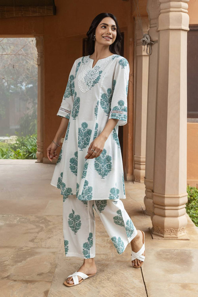 White Floral Printed Cotton Co-Ord Set (ACA6214)