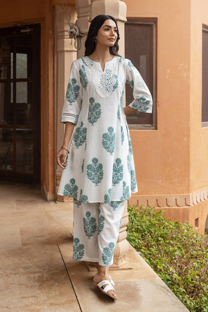 White Floral Printed Cotton Co-Ord Set (ACA6214)