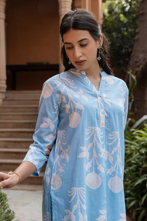 Sky Blue Floral Printed Cotton Co-Ord Set (ACA6215)