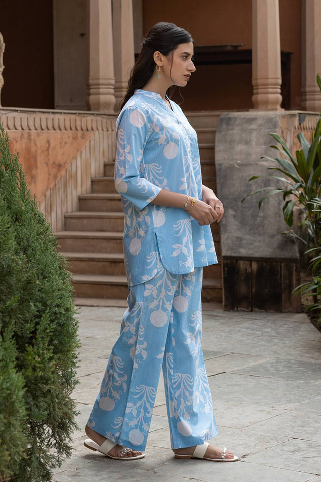 Sky Blue Floral Printed Cotton Co-Ord Set (ACA6215)