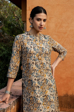 Beige Floral Printed Cotton Kurti Pant Set (ACA6220)