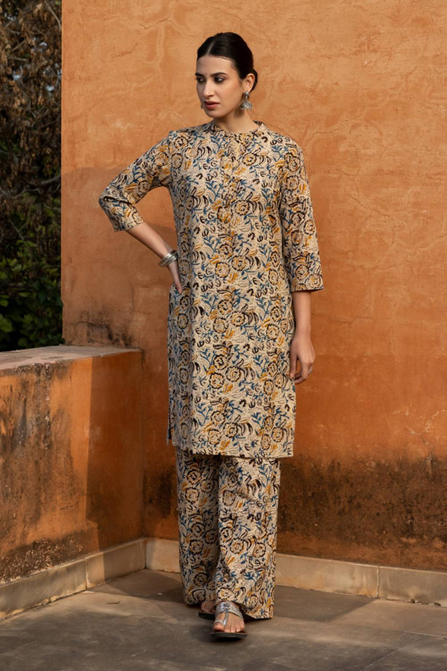 Beige Floral Printed Cotton Kurti Pant Set (ACA6220)