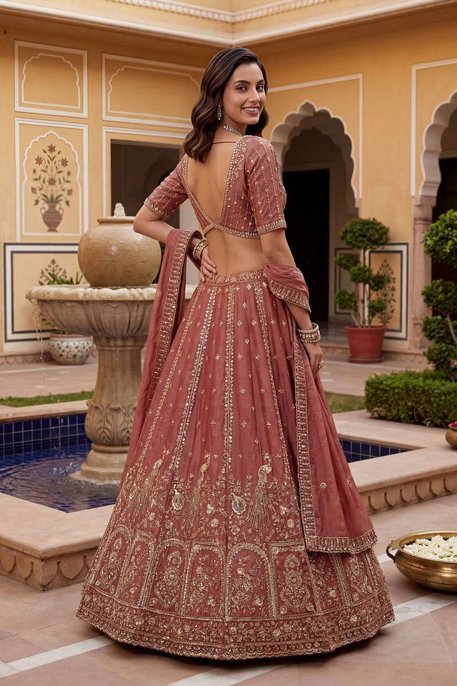 Peach Sequin with Floral Embroidered Organza Lehenga (ACA6223)