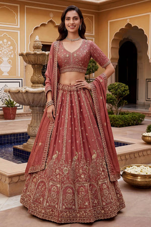 Peach Sequin with Floral Embroidered Organza Lehenga (ACA6223)