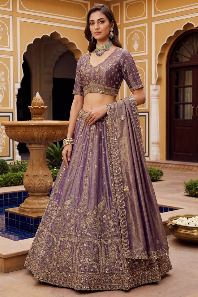 Purple Sequin with Floral Embroidered Organza Lehenga (ACA6224)