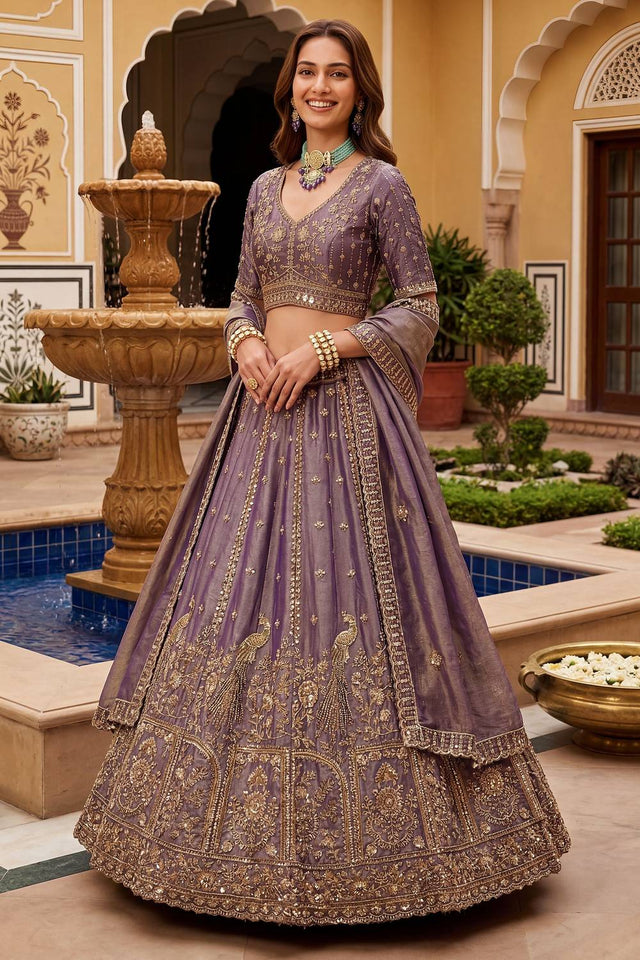 Purple Sequin with Floral Embroidered Organza Lehenga (ACA6224)