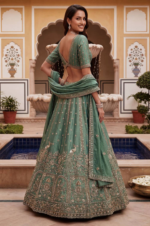 Green Sequin with Floral Embroidered Organza Lehenga (ACA6226)