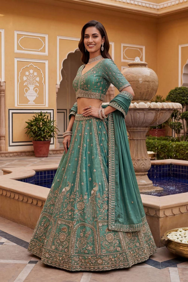 Green Sequin with Floral Embroidered Organza Lehenga (ACA6226)