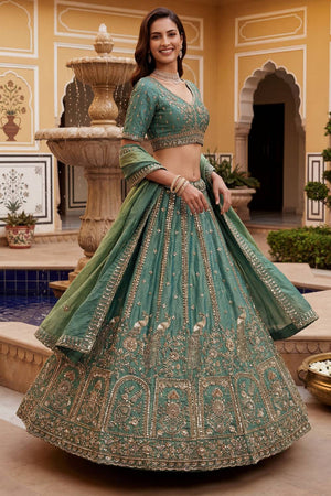 Green Sequin with Floral Embroidered Organza Lehenga (ACA6226)