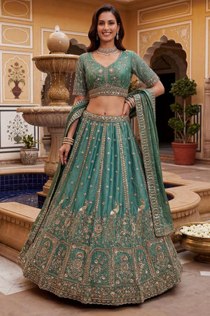 Green Sequin with Floral Embroidered Organza Lehenga (ACA6226)