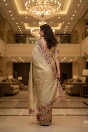 Gold Floral Embroidered Manipuri Silk Saree (ACA6227)