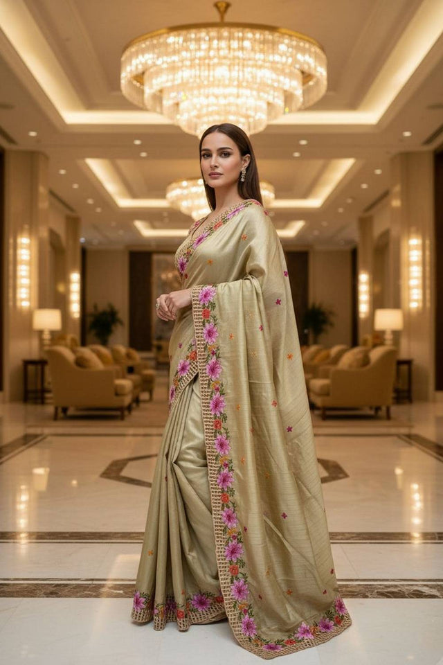 Gold Floral Embroidered Manipuri Silk Saree (ACA6227)