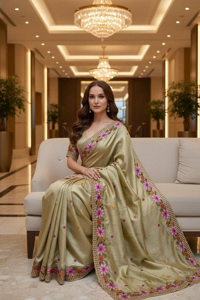 Gold Floral Embroidered Manipuri Silk Saree (ACA6227)