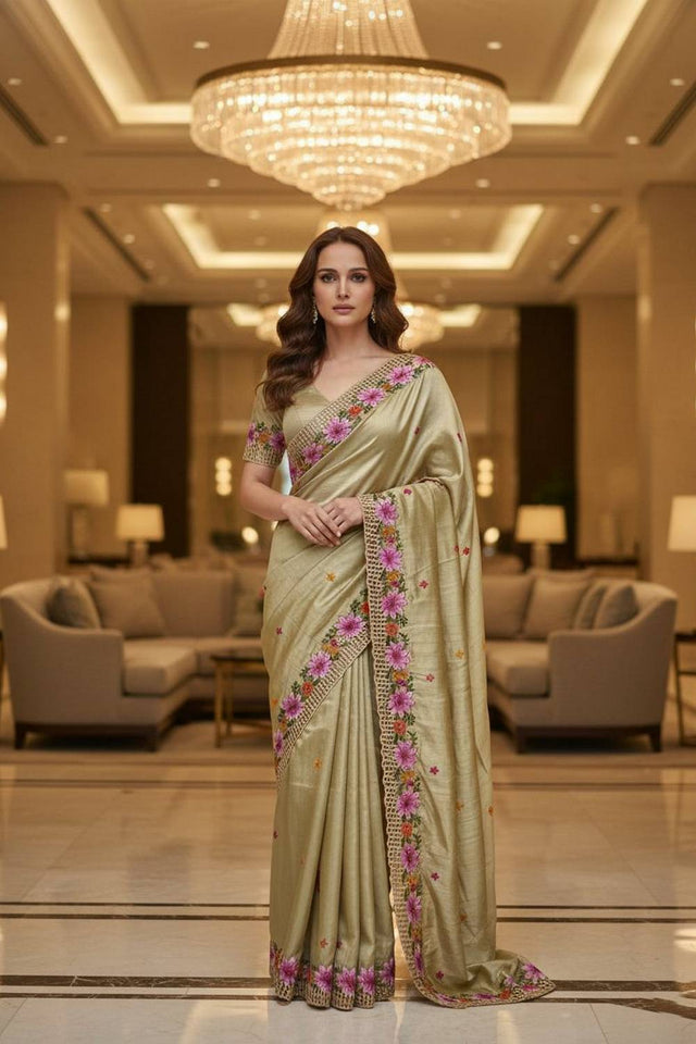 Gold Floral Embroidered Manipuri Silk Saree (ACA6227)