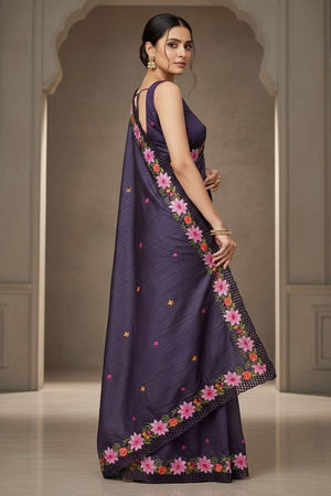 Purple Floral Embroidered Manipuri Silk Saree (ACA6228)